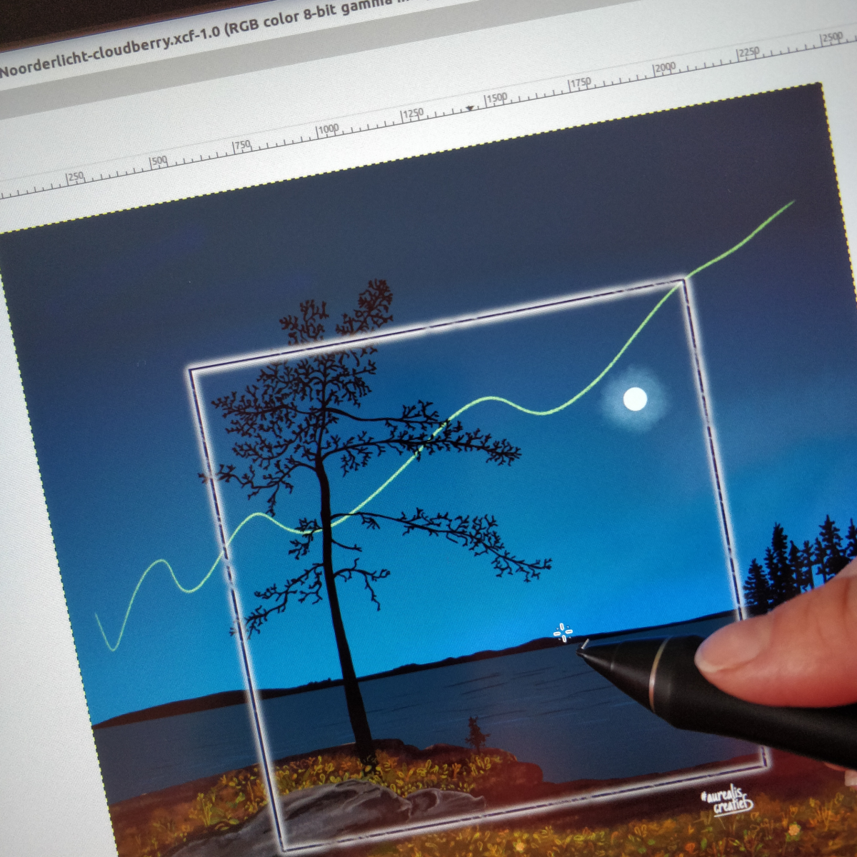Work-in-progress of the illustration First glimmer of the Northern Lights, showing cloudberries and a faint aurora.