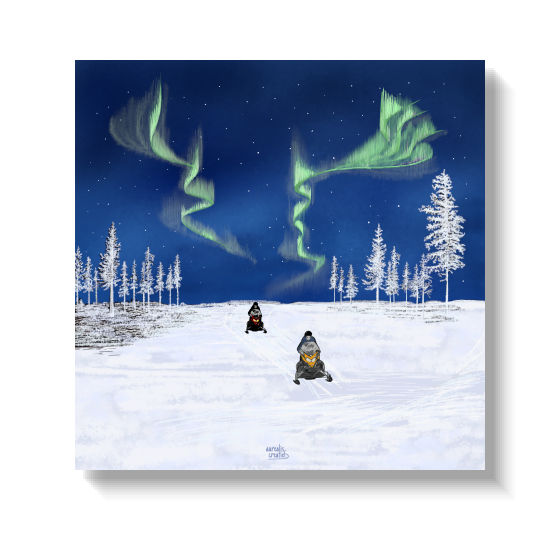 Illustration of two snowmobiles racing across a frozen wilderness at night as green northern lights flare above the trees under a star-filled sky. Northern Lights I, Snowmobile Adventure collection by Aurealis Creatief.