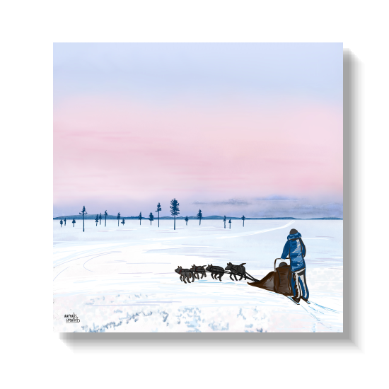 Illustration of two riders standing beside their snowmobile, helmets off, under a soft pink and lilac winter sky above snow-laden trees in Finnish Lapland. Pink Sky, Snowmobile Adventure collection by Aurealis Creatief.