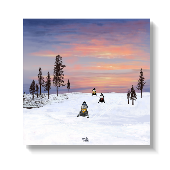 Illustration of three snowmobiles crossing open snow in the Arctic wilderness under a blazing gold and orange sunset, pine trees silhouetted on the horizon. Sunset, Snowmobile Adventure collection by Aurealis Creatief.