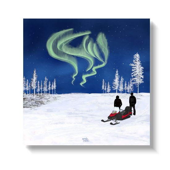 Illustration of two riders standing beside their snowmobile at night, looking up at a green aurora borealis spiralling above the trees in the Finnish Lapland wilderness. Northern Lights II, Snowmobile Adventure collection by Aurealis Creatief.