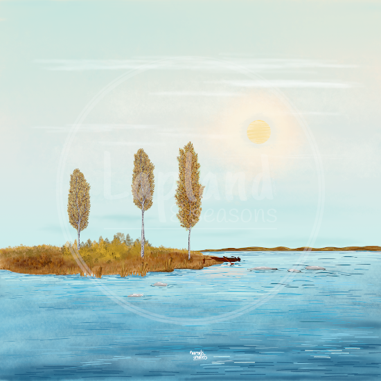 Indian summer by Aurealis Creatief — birch trees in autumn gold against still Lapland water
