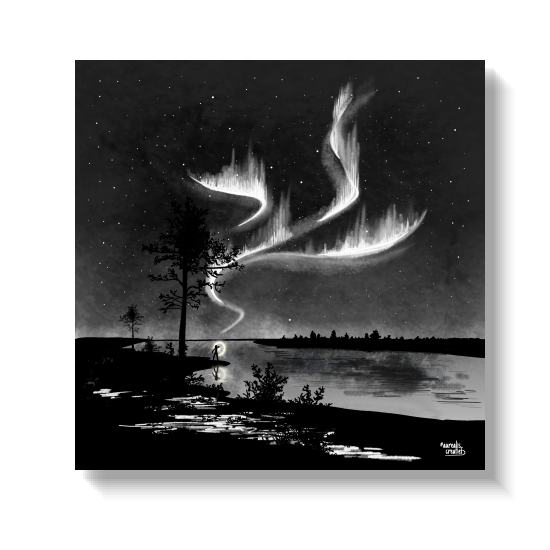 A figure with a head torch at the edge of a snowy river beneath a pale aurora.