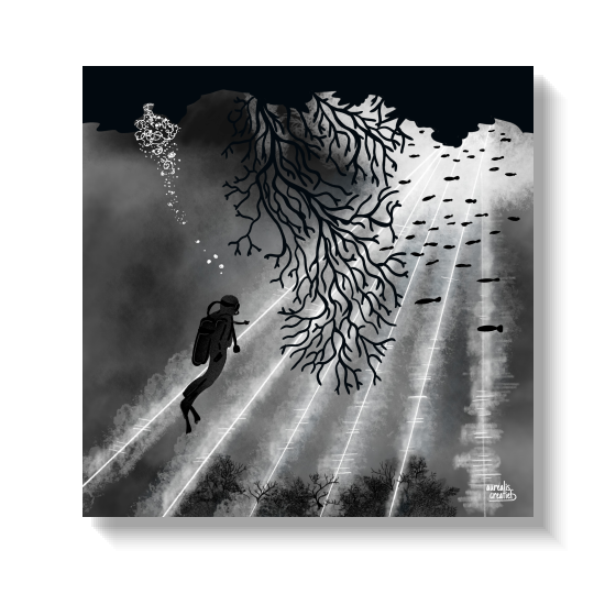 Hand-drawn illustration of a diver among a shoal of fish in underwater sunbeams