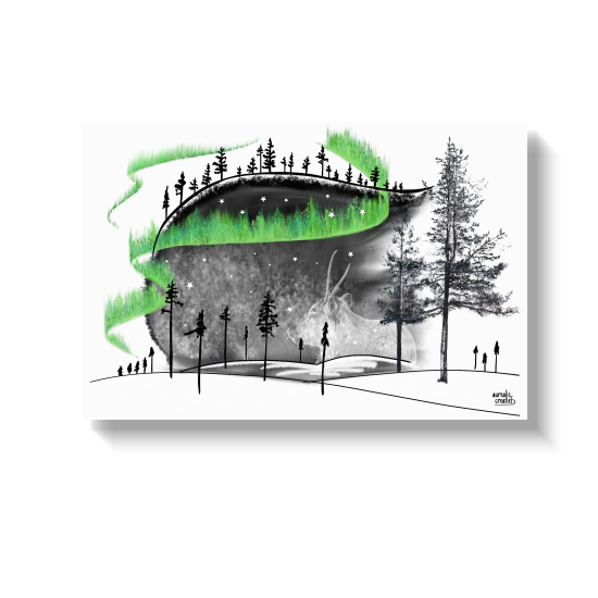 Ink sketch of a reindeer lying in the snow, its back forming a hill of pine trees, with a streak of green aurora above. It's the finished black and white illustration with a bright green aurora in the BLACK collection from Aurealis Creatief