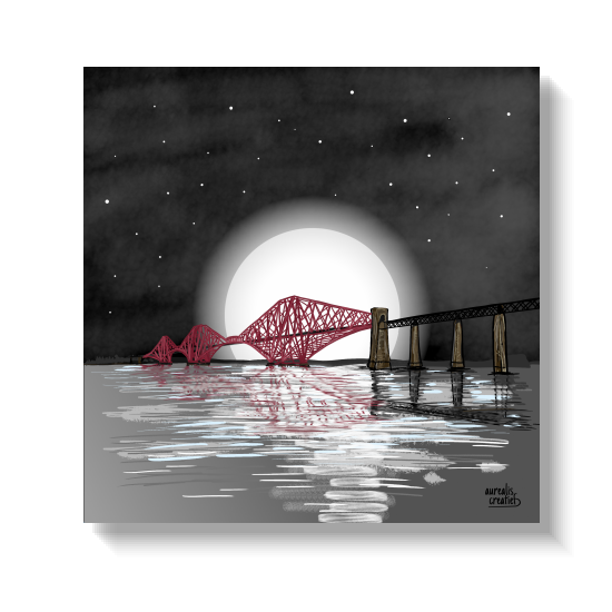 Black and white illustration of the same bridge in red under a huge full moon, reflected in dark water.