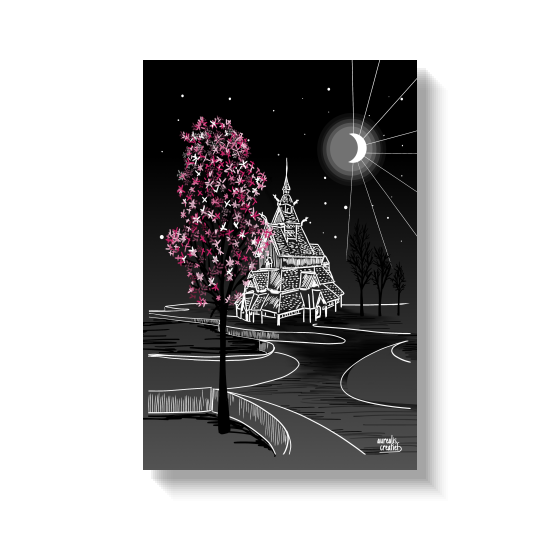 Pink cherry blossom in front of a dark stave church.