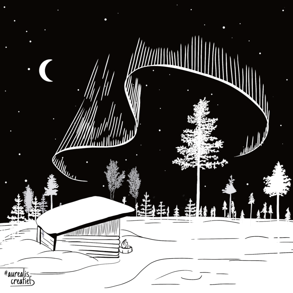 Stark black and white drawing of a snow-covered cabin under a crescent moon and an outlined white aurora against a solid black sky.