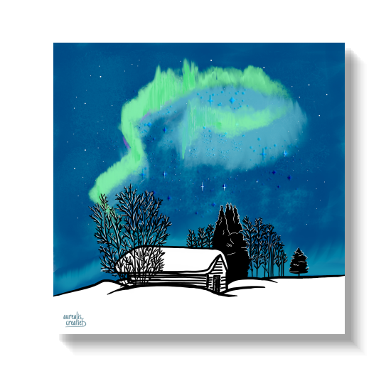 Hand-drawn illustration of green northern lights above a snowy landscape in deep blue