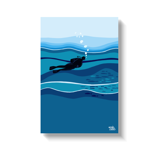 A diver in silhouette glides between bold layered waves in light and dark blue, with bubbles rising to the surface.