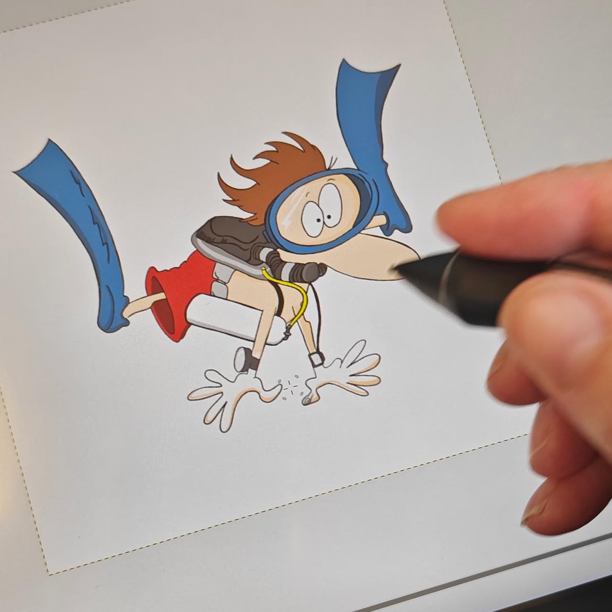 Scuba diver with rebreather on the drawing tablet - scuba diving art by Aurealis Creatief