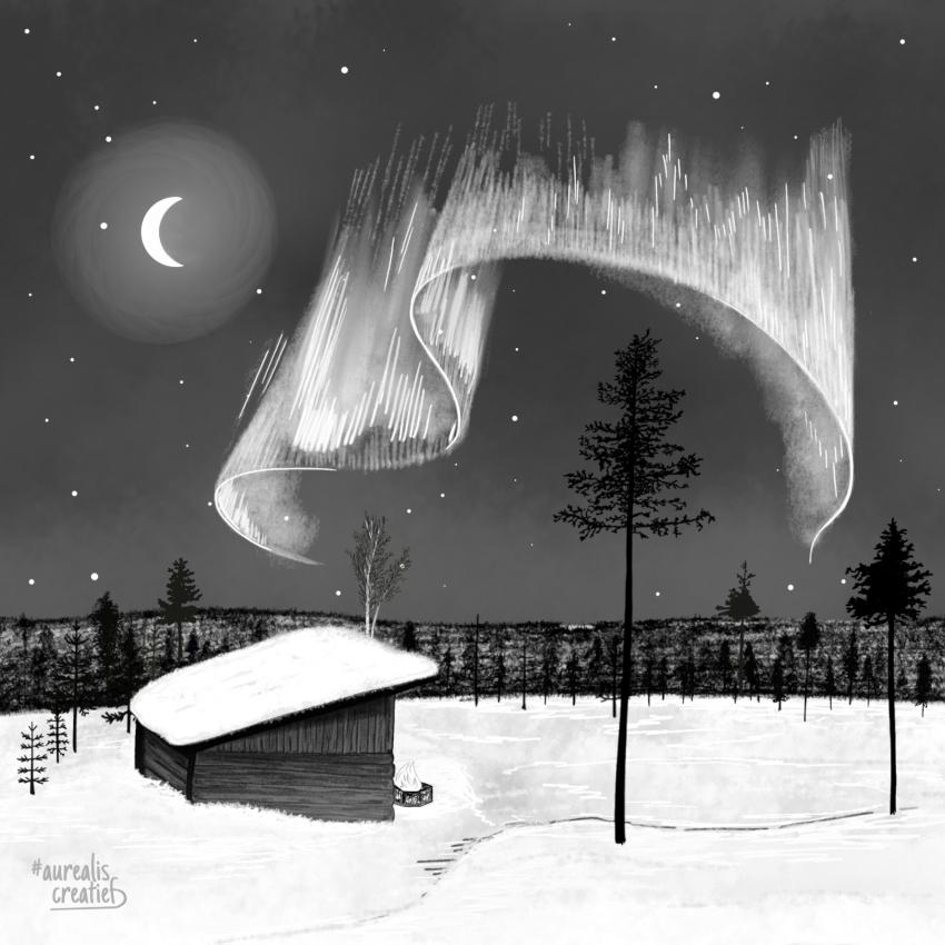 Greyscale illustration of a snow-covered cabin under a sweeping silver aurora, with a crescent moon wrapped in soft glowing rings and dark pines on the horizon.