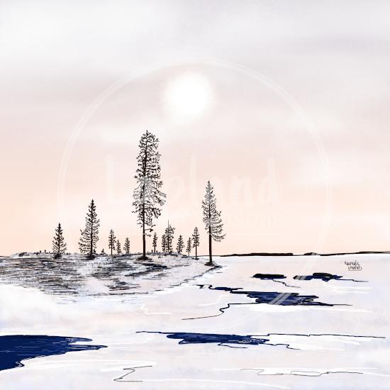 “Floating Ice” by Aurealis Creatief—ice floes on a thawing Lapland river beneath a peach-colored sky