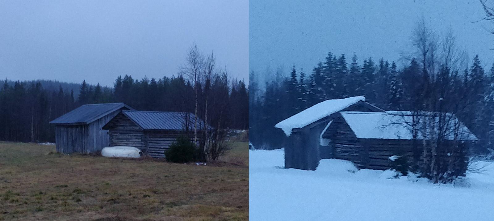 A before-and-after diptych of the same wooden shed in Finnish Lapland: left with bare brown grass, right covered in the season's first snow.