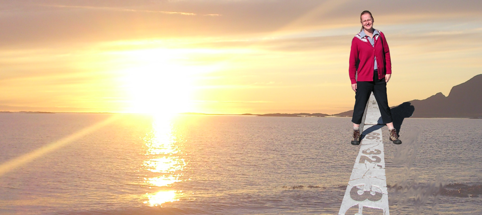 Els Bancken at the Arctic Circle marker in Rovaniemi, Finnish Lapland, on a midsummer’s evening.