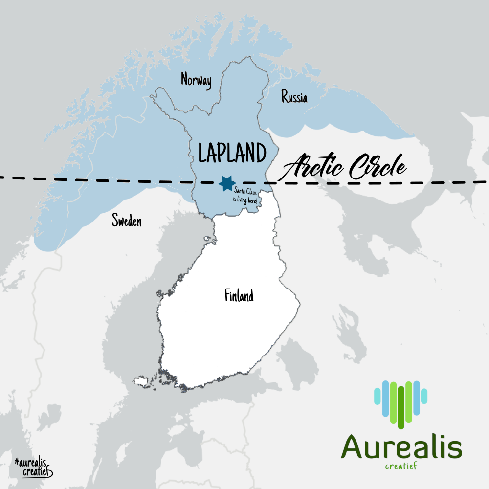 Lapland stretches across Norway, Sweden, Finland and Russia, above the Arctic Circle; map drawn by Aurealis Creatief, highlighting Finnish Lapland