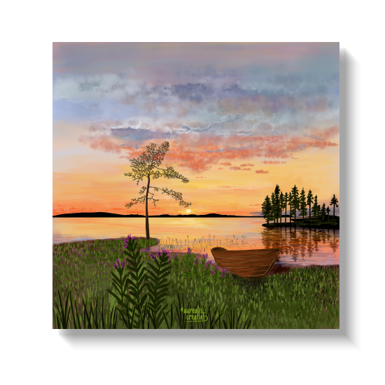 Nightless Nights illustration by Els Bancken, depicting a silent Finnish lake with a small rowing boat under the midnight sun.