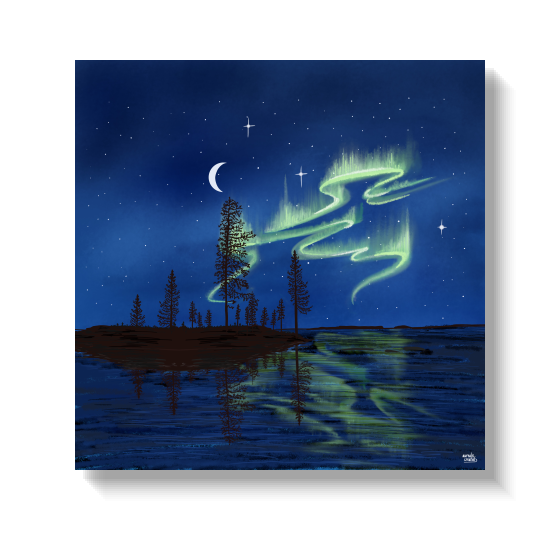 Illustration of a double aurora, one in the sky and one reflected on a calm border river between Finland and Sweden, at the start of the harvest season.