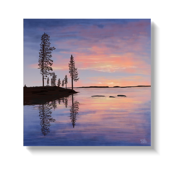 Summer Evenings illustration by Els Bancken, capturing a golden Lapland sunset at the end of the midnight sun season.