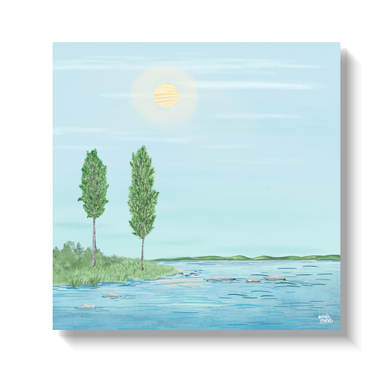 Midnightsun in Lapland illustration by Els Bancken, showing a clear steel-blue sky and the sun high above a fjord in Finnish Lapland.