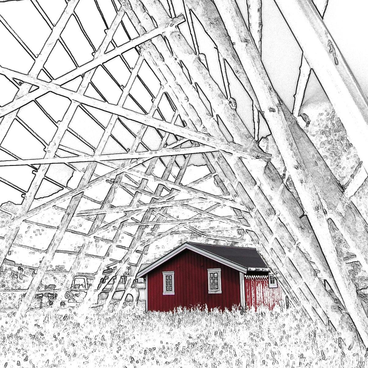 Pen-style black and white image looking through wooden stockfish drying racks at a small red hut.