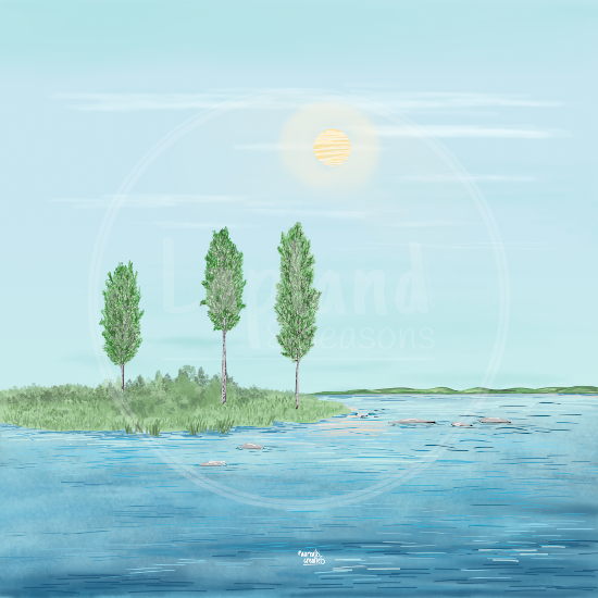 ‘Midnight Sun in Lapland’ by Aurealis Creatief — three trees on an island with the sun high in the sky