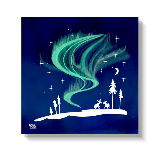 Magische duisternis bij het huis van de Kerstman, twee rendieren onder het groene noorderlicht en een halve maan, door Els Bancken, Aurealis Creatief.