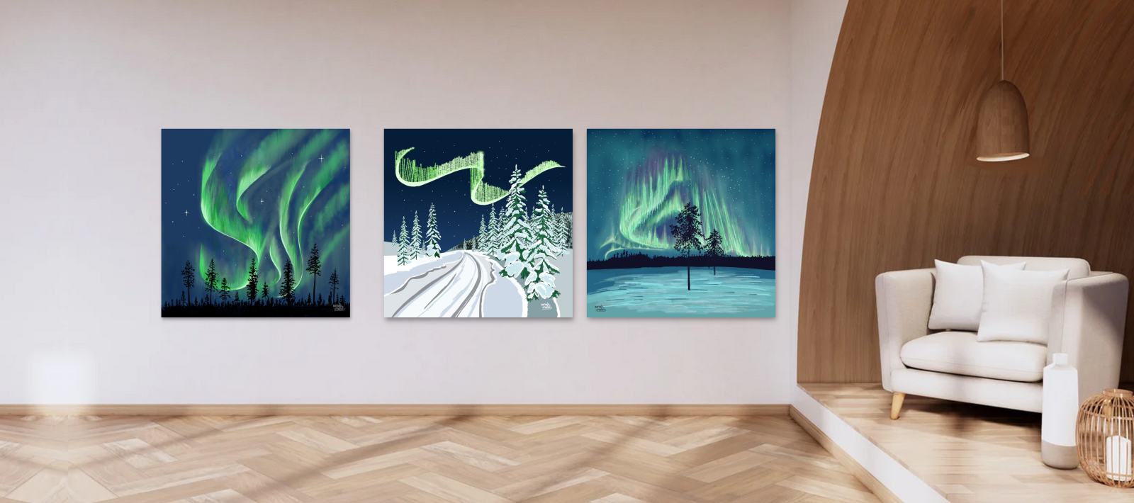Drie aurora's boven een dennenbos, een besneeuwde weg en een eenzame boom.