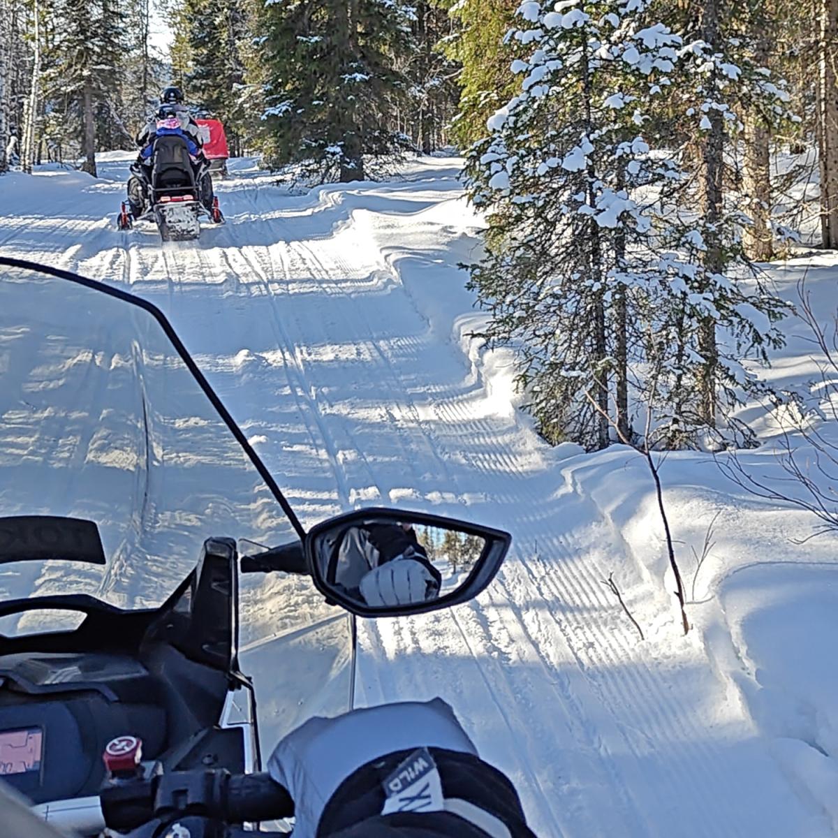 View from the passenger seat of a snowmobile, mirror in the foreground, following another rider along a sunlit trail through snow-covered forest in Finnish Lapland. Aurealis Creatief.