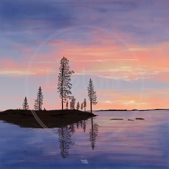 Sultry Summer Evening by Aurealis Creatief — pine trees and reflections on the water beneath a peach-coloured midnight sun sky