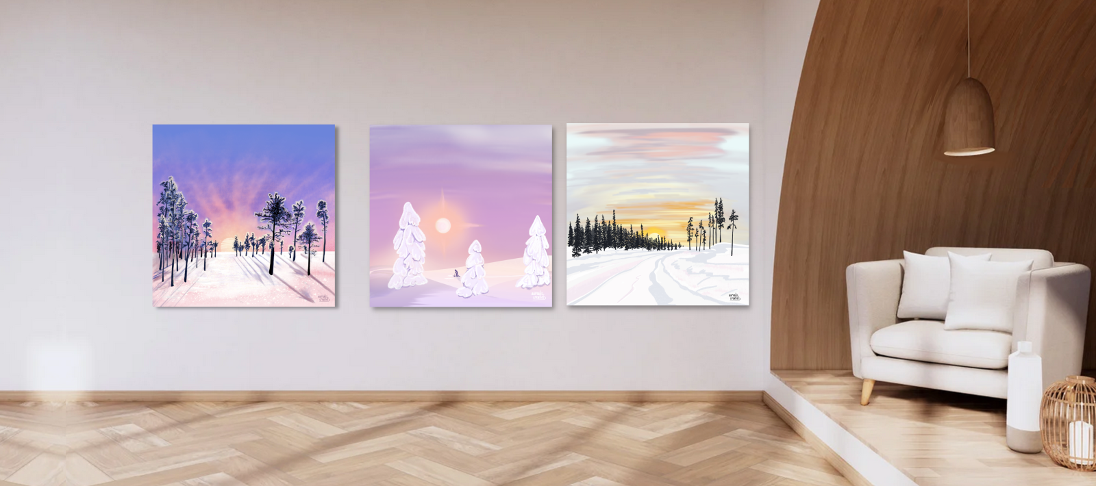 Drie winterlandschappen in pastel, met een lage zon boven sneeuw en dennen.