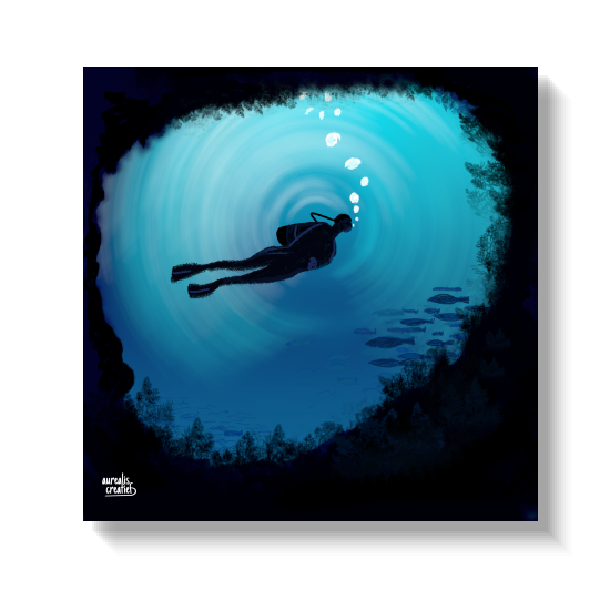 Diver silhouette swimming toward turquoise light at the mouth of a cave.