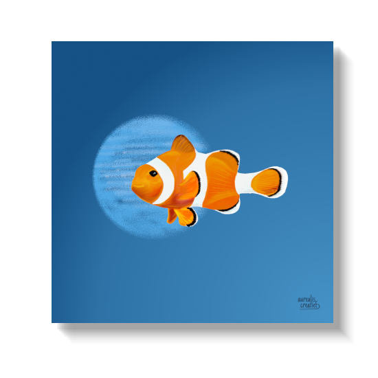 Clownfish floating against a soft blue disc of light.