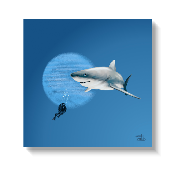 Large white shark passing a small diver in open blue water.