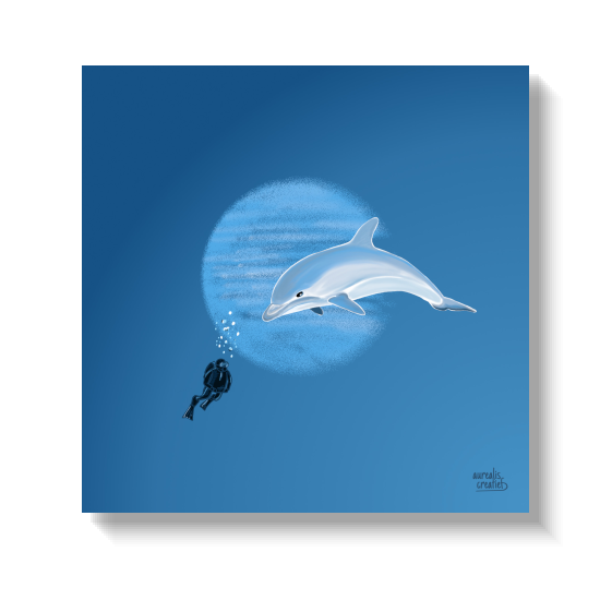 Dolphin curving through blue water above a small silhouetted diver.