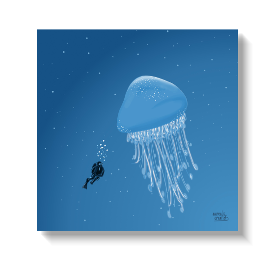 Pale jellyfish trailing long tentacles beside a tiny diver in dark water.