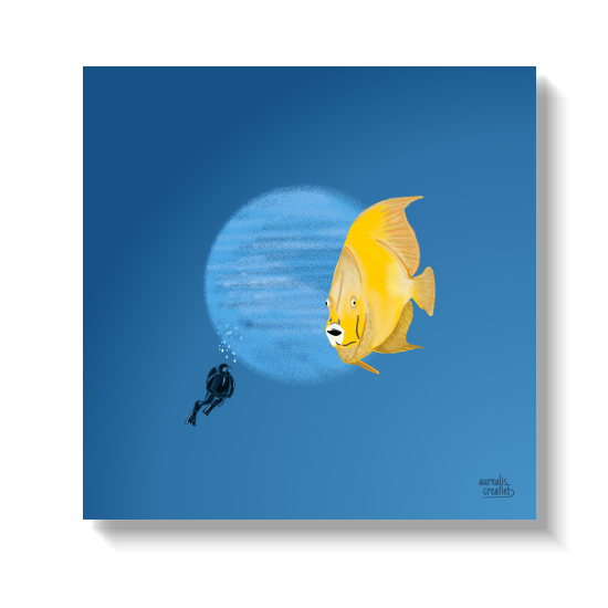 Bright yellow fish hovering beside a small diver in open blue.