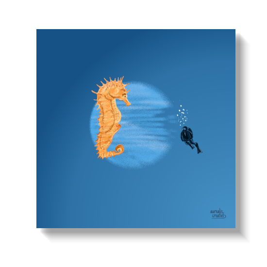 Orange seahorse drifting upright as a distant diver blows bubbles.