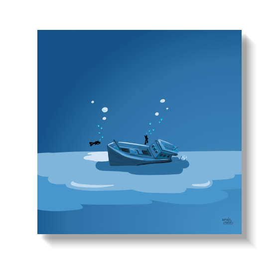 Diver approaching a small sunken boat resting on the sandy seabed.