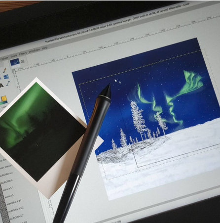 Work in progress shot of the Frozen Forest illustration on a drawing tablet, with a Polaroid photograph and stylus beside it.